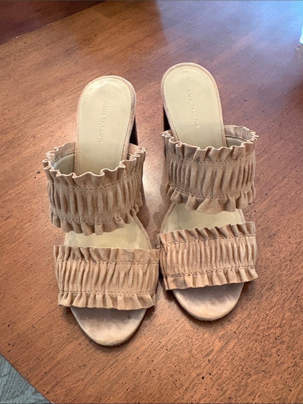 Ann Taylor Tan Suede Ruffle Slide Mules